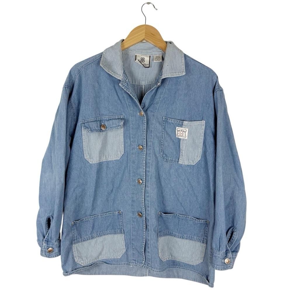 Vintage Bill Blass Lightweight Denim Chore Coat Button Down Pinstripes